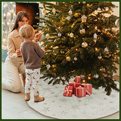 Christmas Tree Skirt, 48 Inch Snow White Faux Fur Xmas Tree Skirt, White Soft Plush Skirt Christmas Tree Mat for Christmas Holiday Decorations