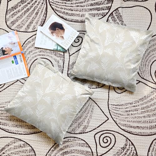 Image of Divine Casa Cushion Covers Set of 5 White Cream | 16x16 Inch Jacquard Sofa Cushion Covers | Decorative Leaf Pattern Throw Pillow Covers for Living Room & Bedroom