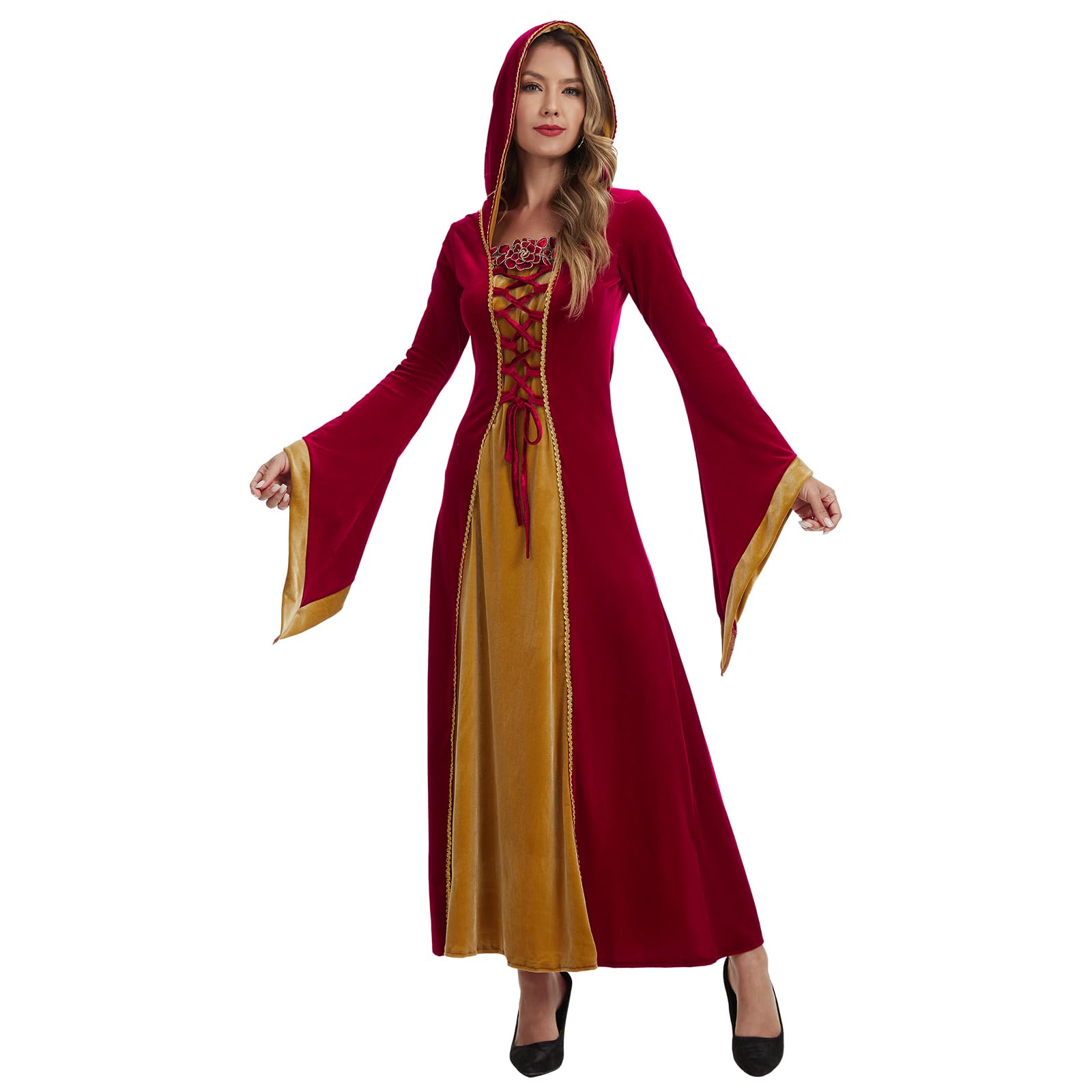 LLTTEER Women's Medieval Renaissance Costume with Hooded,Hooded Victorian Velvet Dress Cosplay Party Halloween Costumes for Womens (Red, XL)