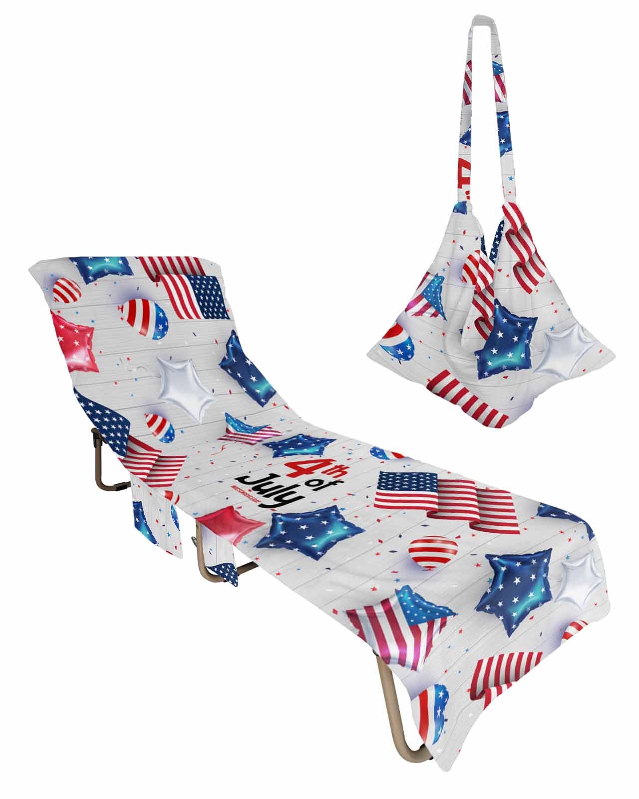 4th of July Beach Lounge Chair Towel Cover, Soft Chaise Lounge Towel with Side Pockets Patio Pool Chairs Cover for Beach/Pool Sunbathing 29x85 American Flag Star Vintage Wooden