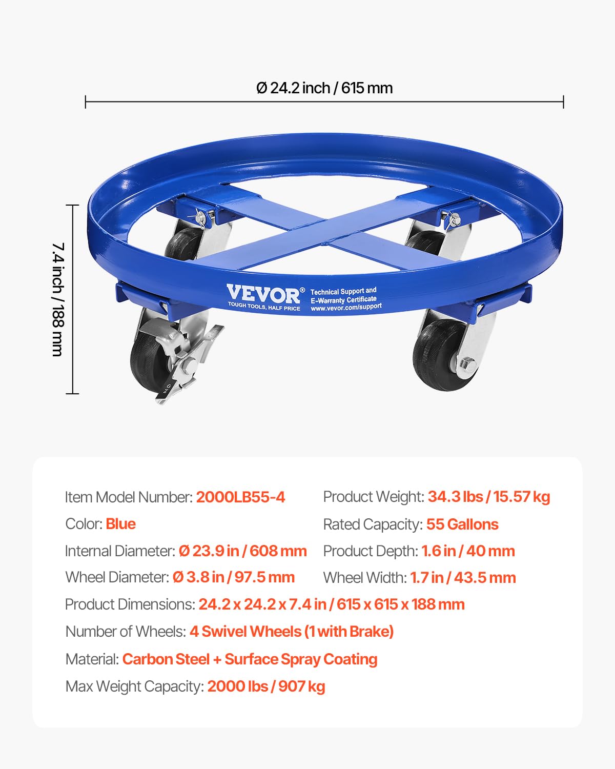 VEVOR Chariot pour fûts de 250,03 L Capacité de Charge de 907 kg Chariot pour fûts Lourds avec Renforts transversaux et 4 Roues pivotantes, pour manutention de fûts en Stock, Bleu