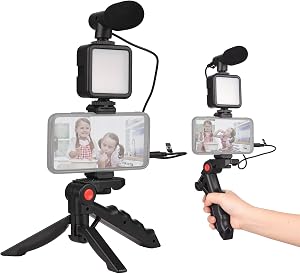 Andoer Kit Vlog pour smartphone, Mini lumière vidéo LED + microphone cardioïde + clip pour téléphone extensible + trépied avec luminosité réglable pour Live Streaming Vlog Tournage vidéo conférence