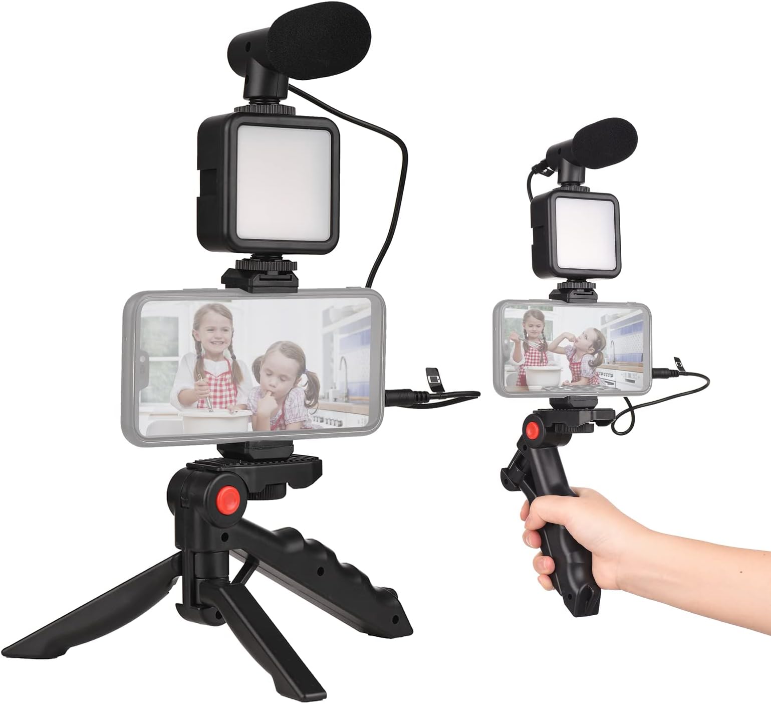 Smartphone Vlog Kit Mini LED Video Light + Cardioid Microphone + Extendable Phone Clip + Tripod with Adjustable Brightness for Live Stream Vlog Video Shooting Video Conference Selfie
