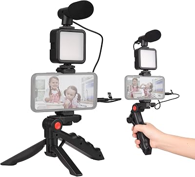 Andoer Kit Vlog pour smartphone, Mini lumière vidéo LED + microphone cardioïde + clip pour téléphone extensible + trépied avec luminosité réglable pour Live Streaming Vlog Tournage vidéo conférence