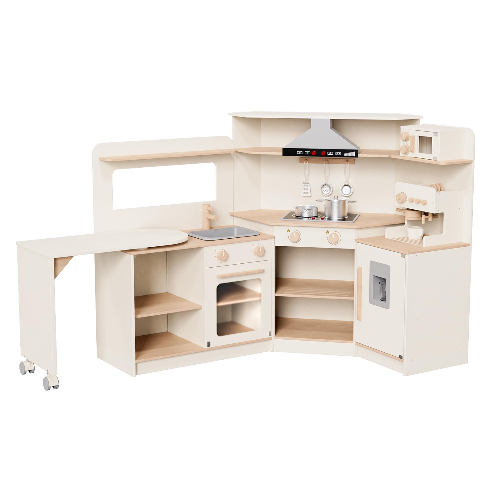 AsweetsPlay Kitchen for Kids, Wooden Kitchen Playset for Toddlers with Range Hood, Coffee Maker, Oven, Ice Maker, Kids Pretend Kitchen Gift for Boys Girls, 55.9''L x 11.8''W x 35''H