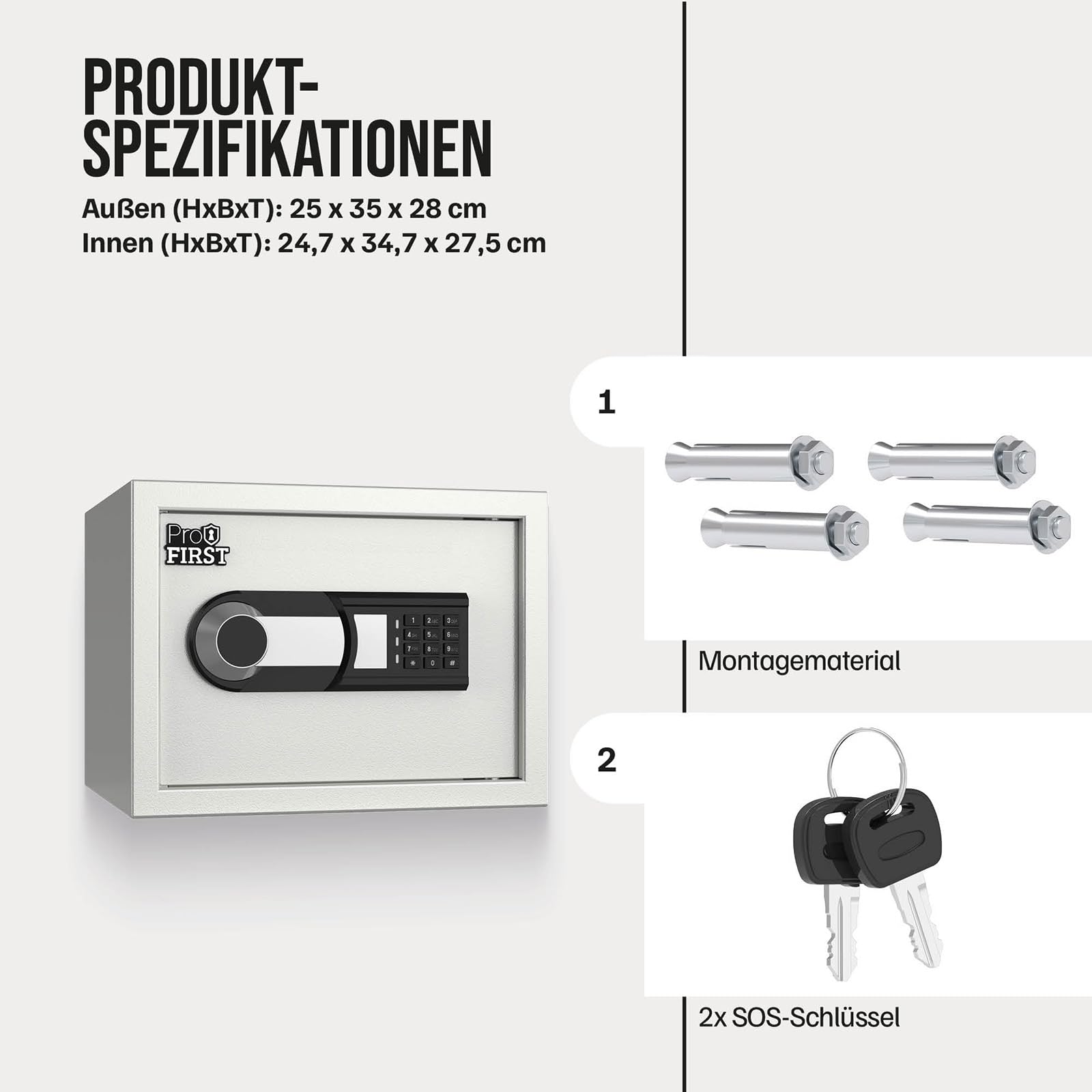Profirst Möbeltresor Guardian 3 Elektronikschloss Notöffnung Stahl herausnehmbarer Fachboden Filzunterlage inkl. Befestigungsmaterial