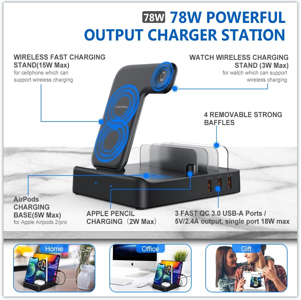 UCOMX 7 in 1 Wireless Charging Station for Multiple Devices,Detachable 78W Fast Wireless Charger Stand Compatible with iPhone 14/Pro/Max/Plus/13/12 Series,AirPods Pro,iWatch (Adapter Included)