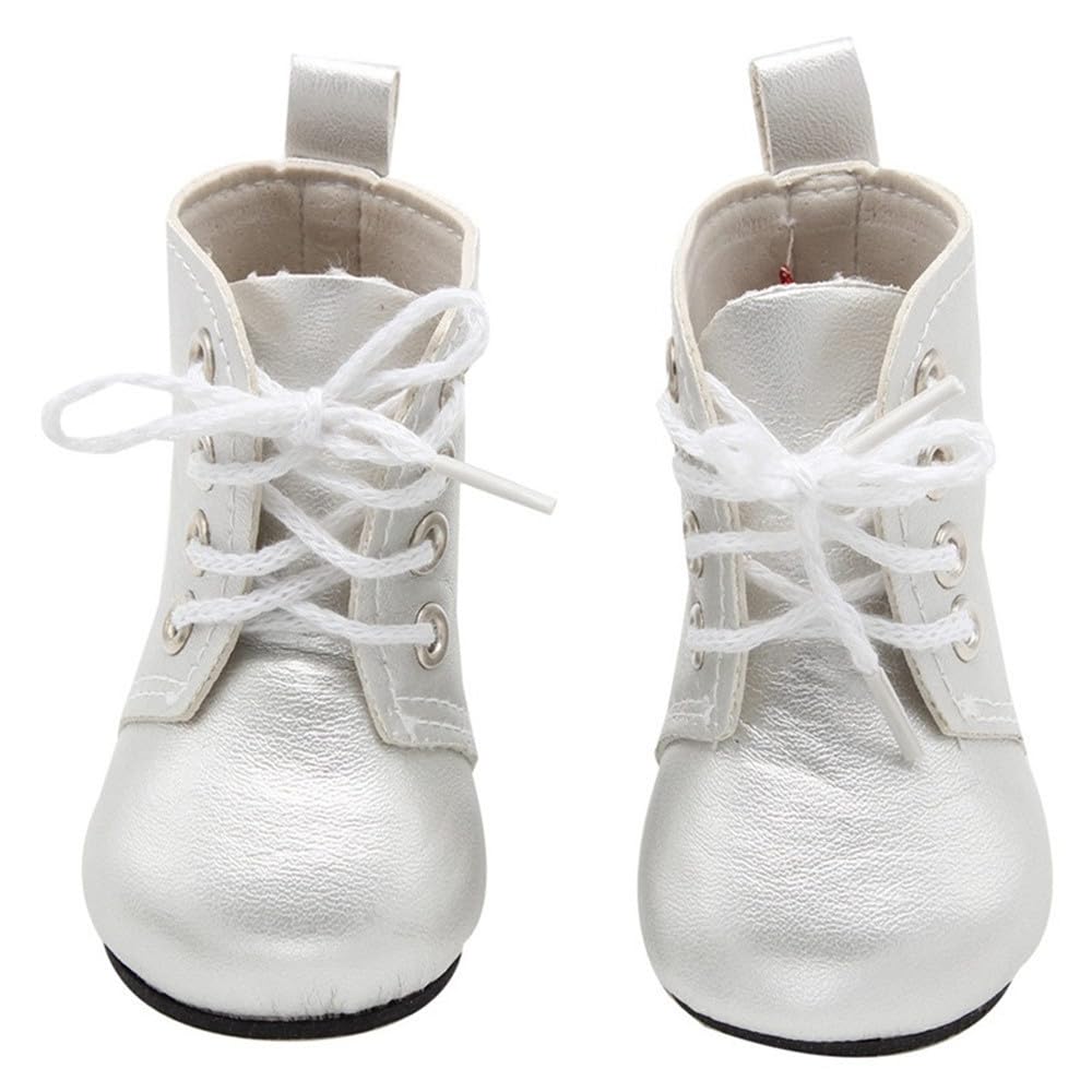 Uterui 18in Doll Leather Boots for 46cm American Doll Lace-up Shoes Costume Accessory (Silver)