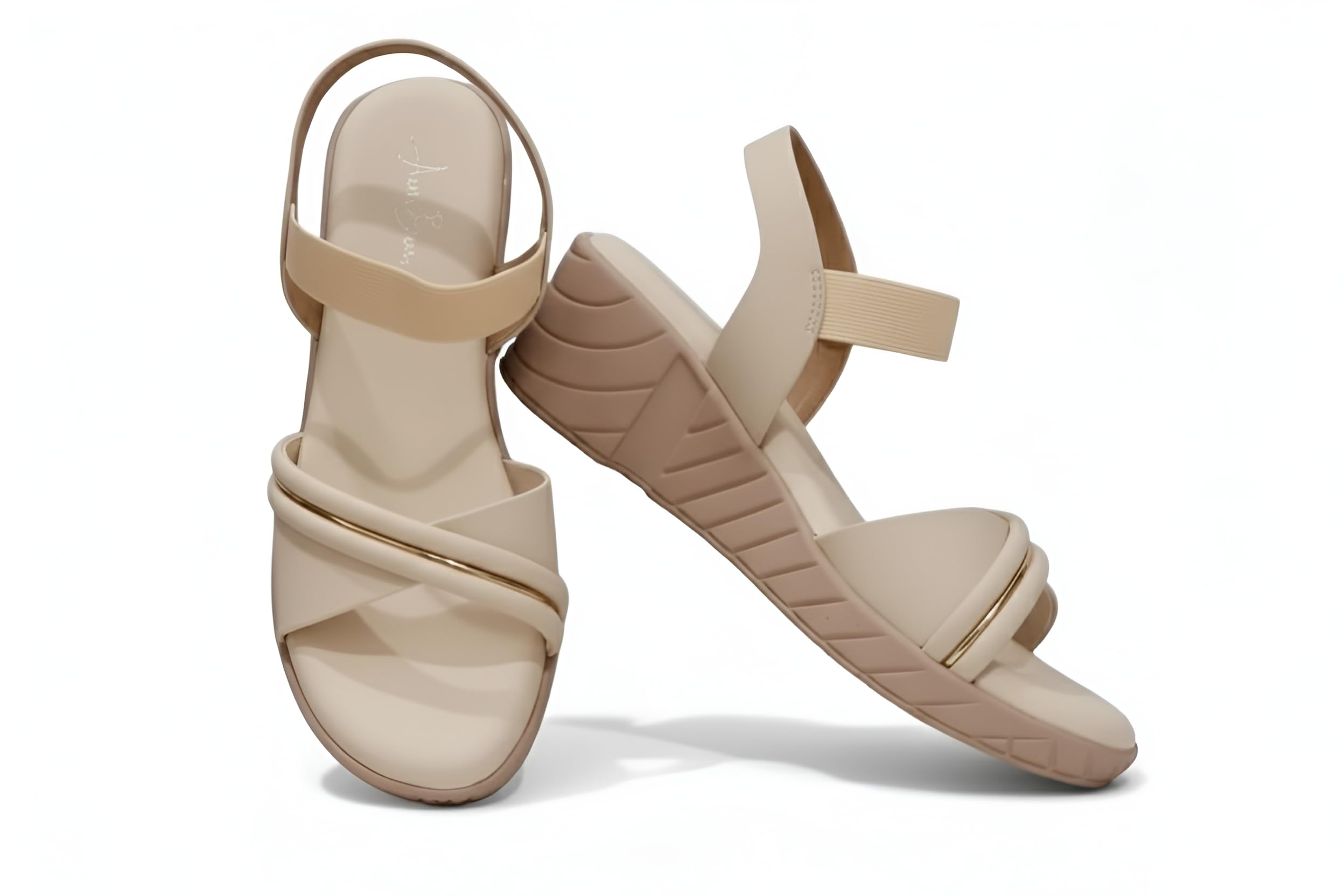Women's Comfort Sandals with Elastic Strap, Black, Nude, Beige, Peach, Bronz, with Metallic Trim Stylish Fashion Sandal, Casual Platform Wedges Heels Sandals For Womens & Girls Ideal for Casual Party Office and Formal Wear-image-1
