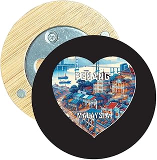 Penang Malaysia Travel Souvenir Destination Round Wood Magnetic Bottle Opener 2.5” Single