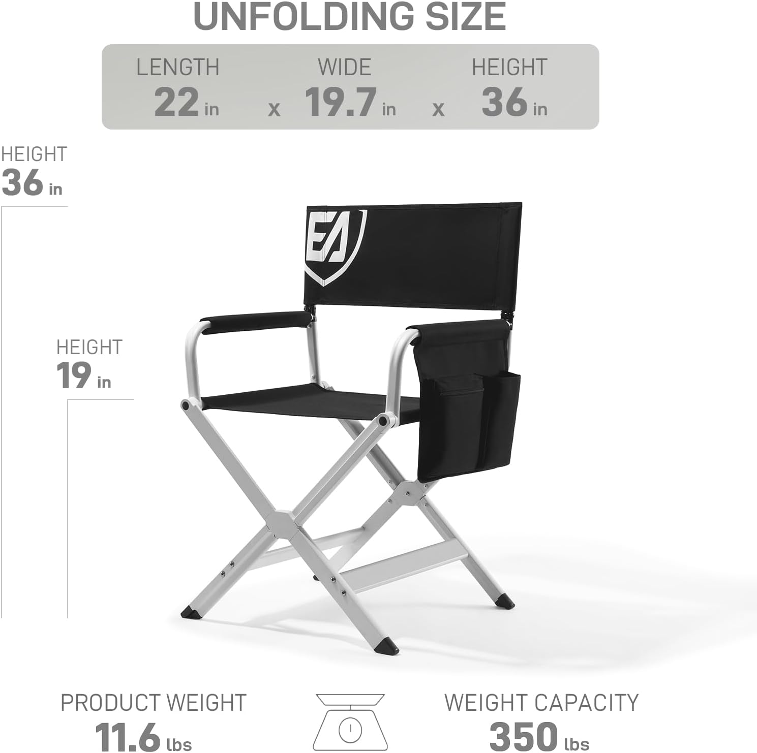 EVER ADVANCED Aluminum Directors Chair, Folding Studio Movie Chairs Camping Event Vendor Chair, 19" Seat Height Black Fabric/White Frame, Support 350lbs