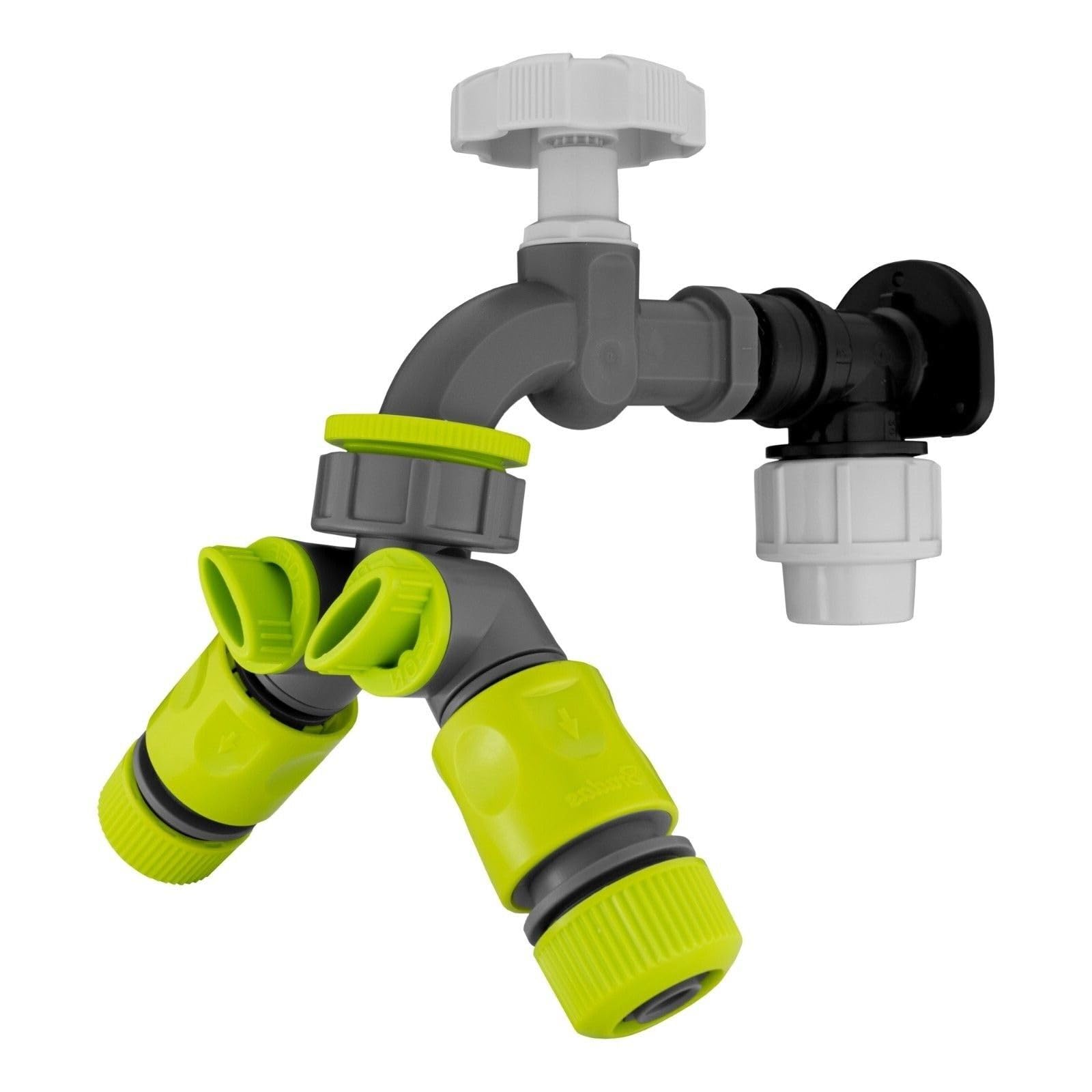 B2C MDPE Compression Wall Flange Plate + Hozelock Compatible Quick Connect Tap 20mm (Plastic Tap + 2 Way splitter + QuickConnector)