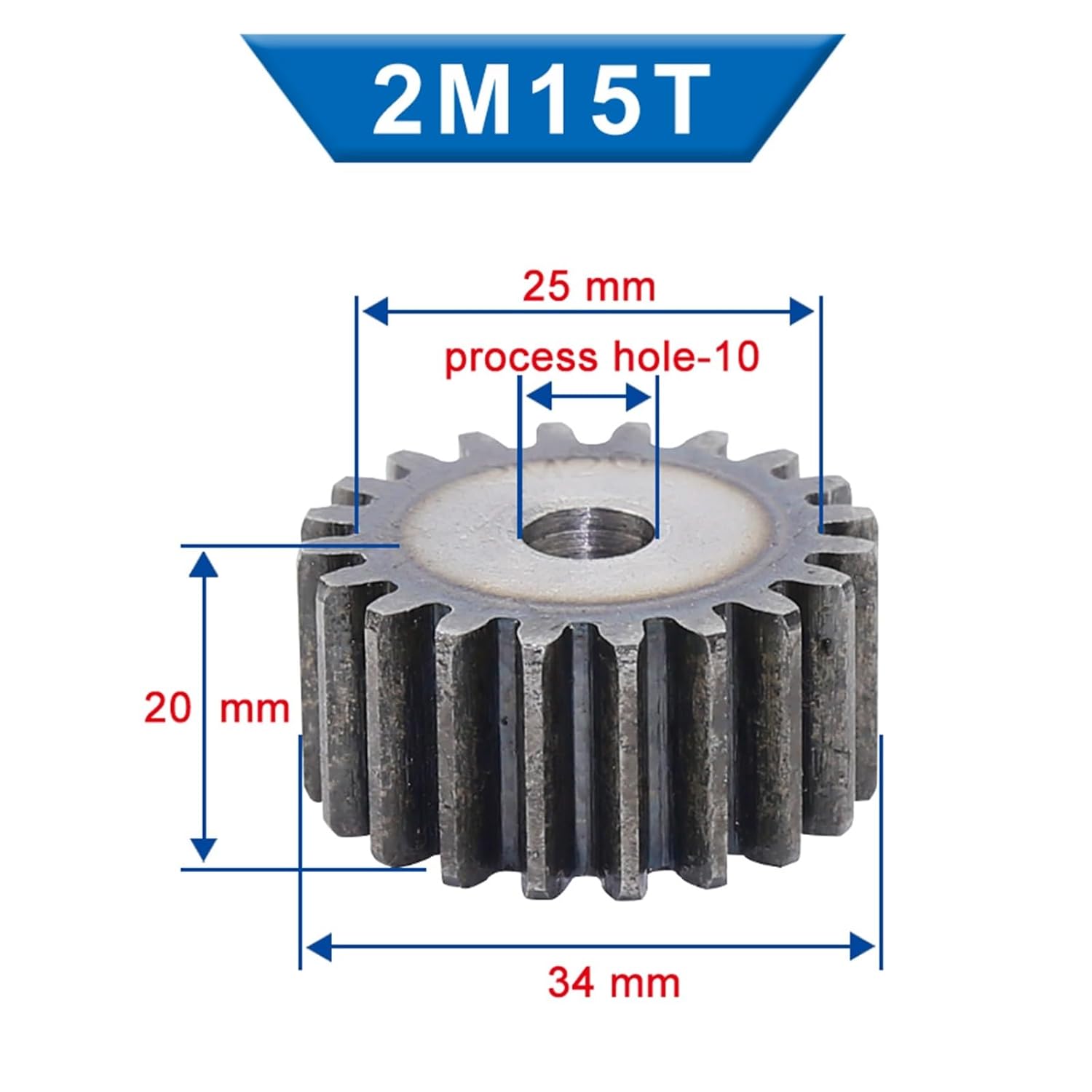 Bevel Gear Pinion Hardware Mechanical Flat Gear 2M15T Teeth Outer Diameter 34 Mm Bore 10 Mm Low Carbon Steel Motor Gear Teeth Thickness 20 Mm for Tramission Part