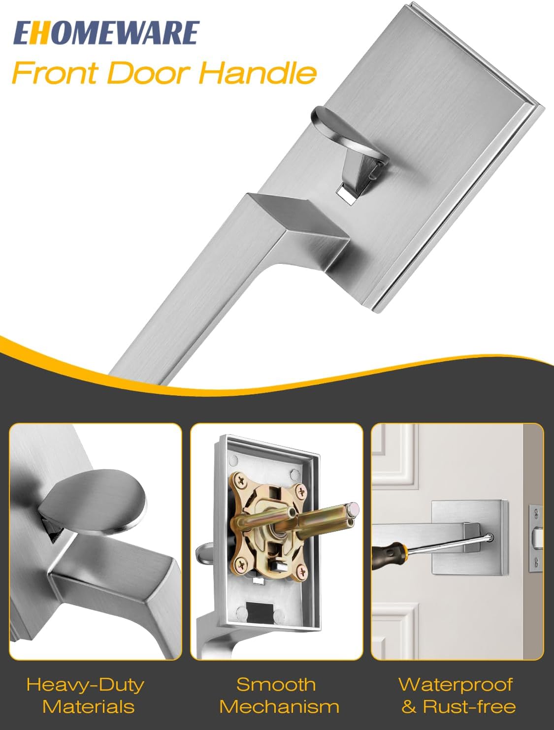 EHOMEWARE Front Entry Door Handle No Lock, Satin Nickel Exterior Door Lever Set, Front with Interior Door Knob, Left and Right Doors Universal, Modern Square Design