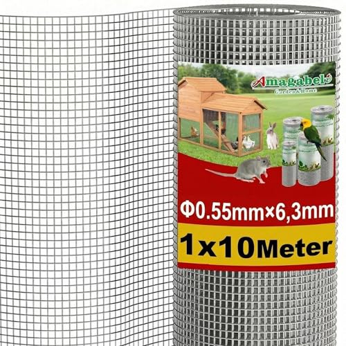 Amagabeli Galvanisé Mailles Carrées Fil Épais 0.55mm Maille 1.0M X 10M, Mailles(6x6mm) Grillage Soudé Pour poulailler, Clôture de Jardin et Volière