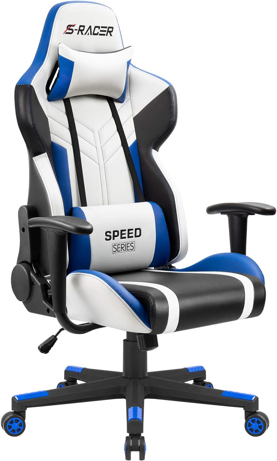 KaiMeng Blue Gaming Chair Massage Ergonomic PU Leather Gamer Computer Chair, Adjustable Recline Swivel Video Game Chair Racing Office Chair PC with Headrest and Lumbar Support