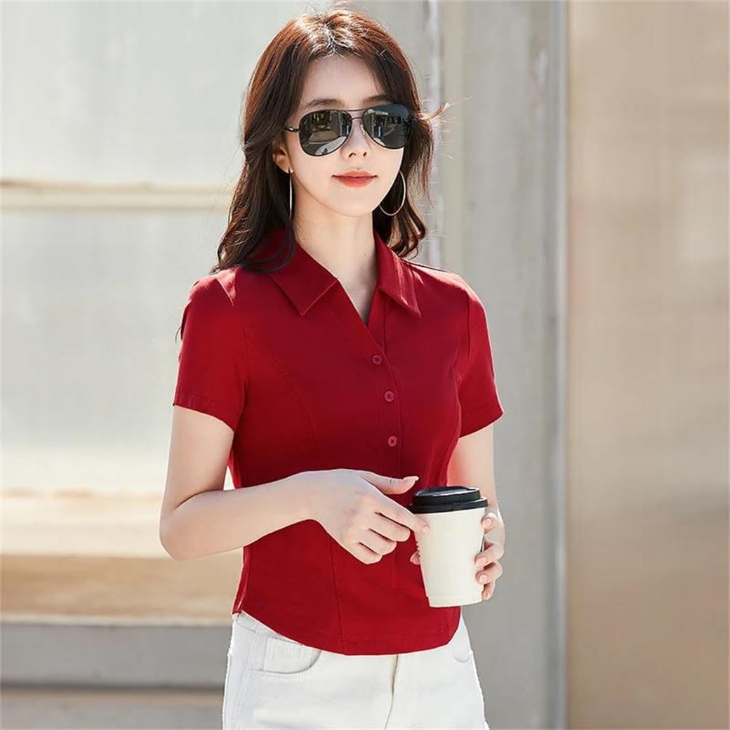 Women's Polo Neck Button Front Short Sleeve T Shirts Slim Fit High Waist Solid Color Cotton Casual Summer Top