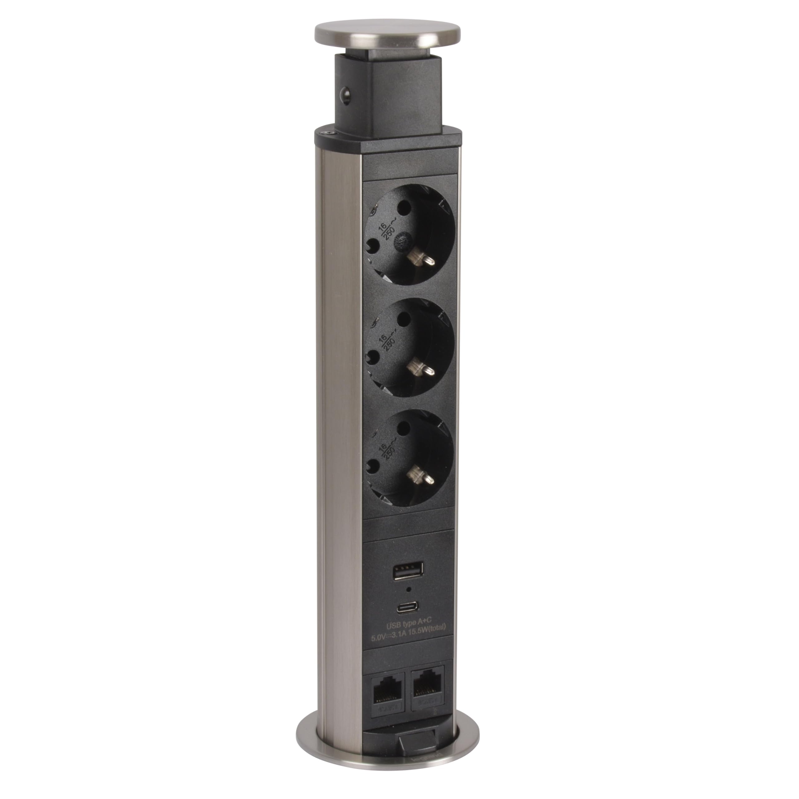LEGRAND, Incara Tower 60 654975 Prise encastrable avec système de levage 2 x USB (A+C), 2 x prises de données FTP Cat. 6 RJ 45, 3 x prises, 2 fiches P+E, 60 mm de diamètre, profondeur d'encastrement :