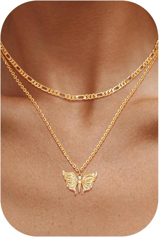 MEVECCO Layered Butterfly Necklace Stackable 18k Gold Plated Dainty Charm Choker Layering Pendant Necklace Stack for Women Trendy Jewelry Set Gift