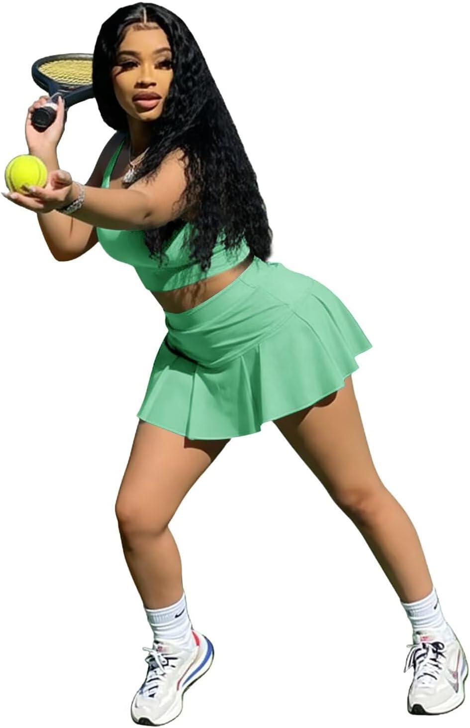 Womens Casual Sports 2 Piece Outfits Skirt Sets Athletic Tank Crop Top Mini Pleated Tennis Golf Skorts Skirts Activewear