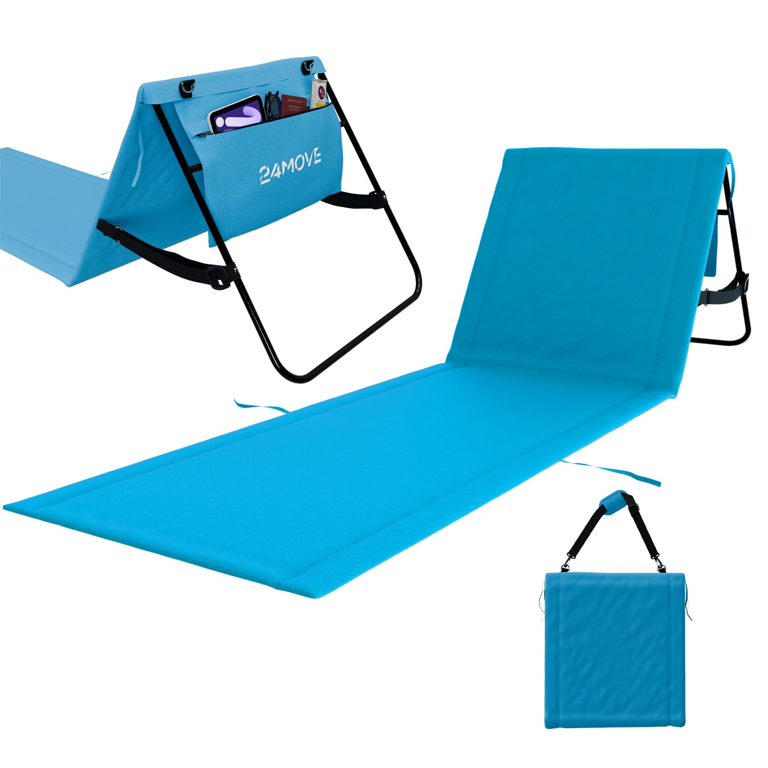 24MOVE® Strandmatte Set klappbar mit Verstellbarer Rückenlehne, Strandliege faltbar mit Schlaufen, Aufbewahrungstasche, Sonnenliege für Strand Garten, versch. Farben