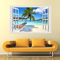 Vista 4 de Pintura autoadhesiva 3D, calcomanías de pared falsas para ventana, isla tropical con palmeras, mural de pared, vista de ventana, decoración de pared