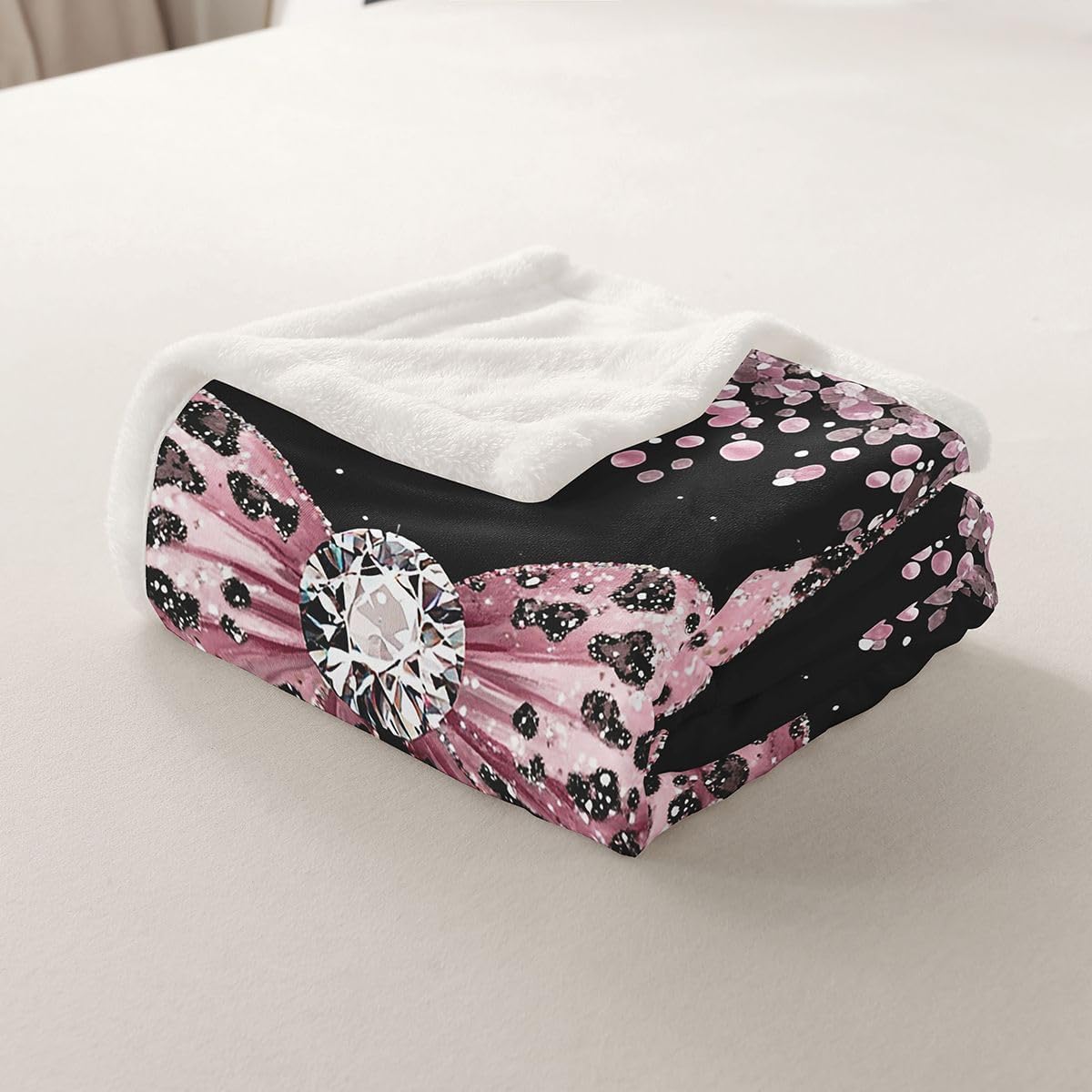 Feelyou Bow Fleece Throw Blanket Bowknot Sherpa Blanket for Kids Women Men Plush Fuzzy Pink Bow 40"x50" Leopard Print for Bed Couch Chair Living Room Glitter Bedroom Decor image 3