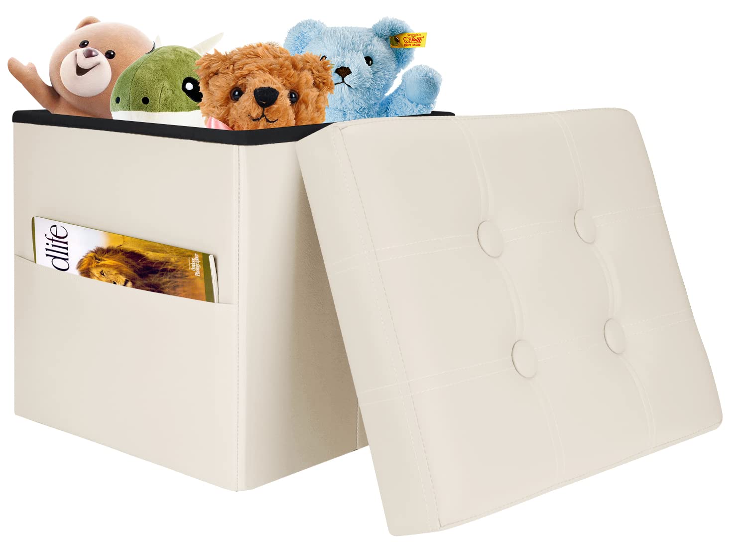 FujDunÂ® Folding Storage Ottoman Foot Rest Footstool with Side Pocket,Foot Rest for Couch, Leather Ottoman Seat for Living Room Bedroom or Dorm,Padded with Thick Sponge,15X15X15in Beige