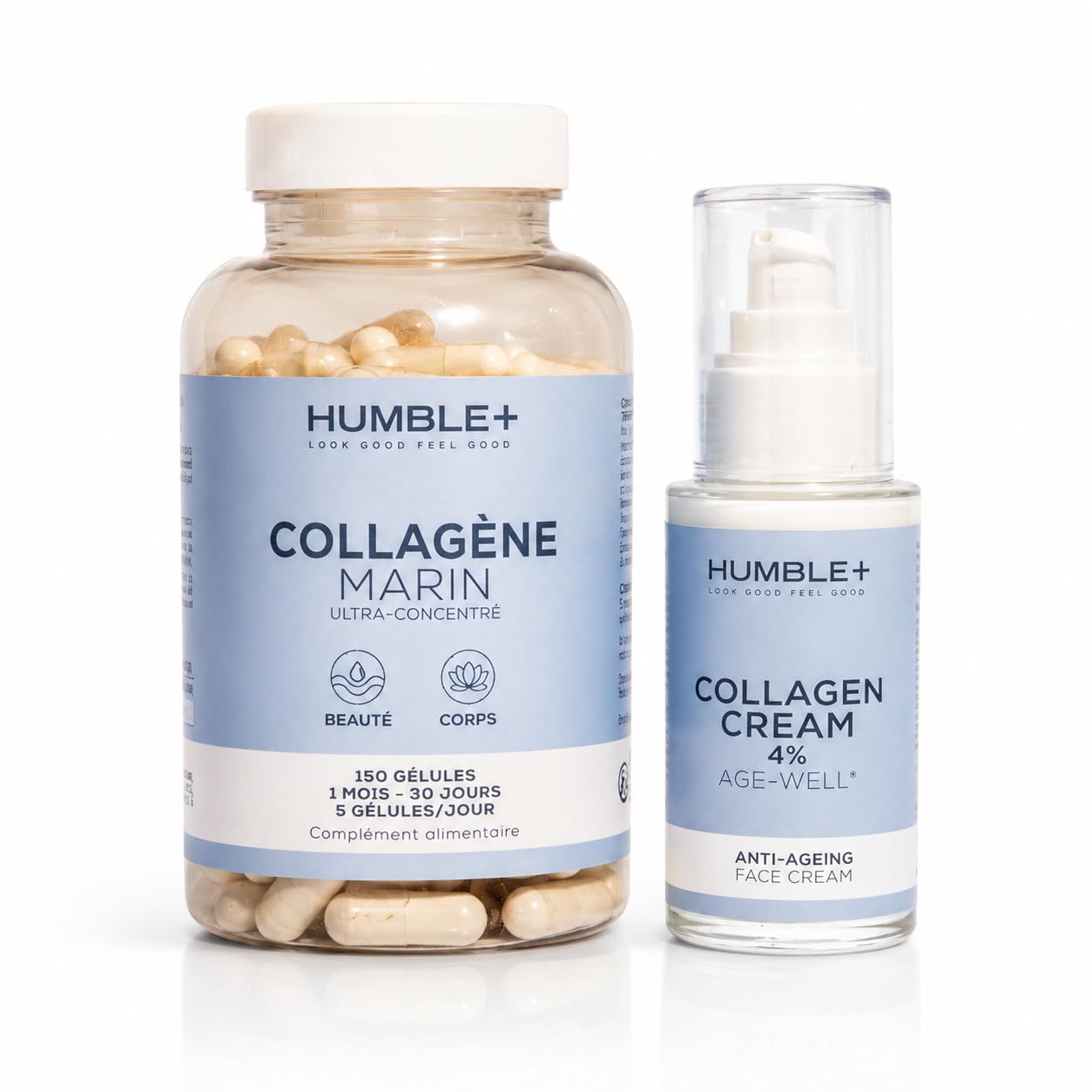 HUMBLE+ Pack Beauté In&Out 1 Mois - Crème 4% + Collagène 150 Gélules | Crème collagène marin 4% & collagène marin ultra-concentré 150 gélules - Routine beauté quotidienne - Marque Française