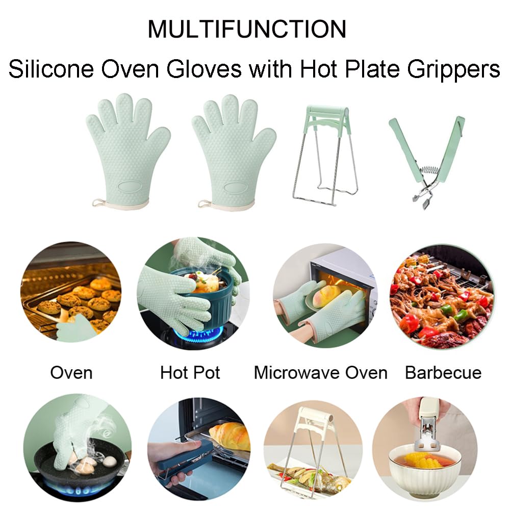 Silicone Oven Mitts Pair Hot Plate Gripper Set Heat Resistant for Women Men With Fingers for Cooking Baking Kitchen New Apartment Essentials Mint