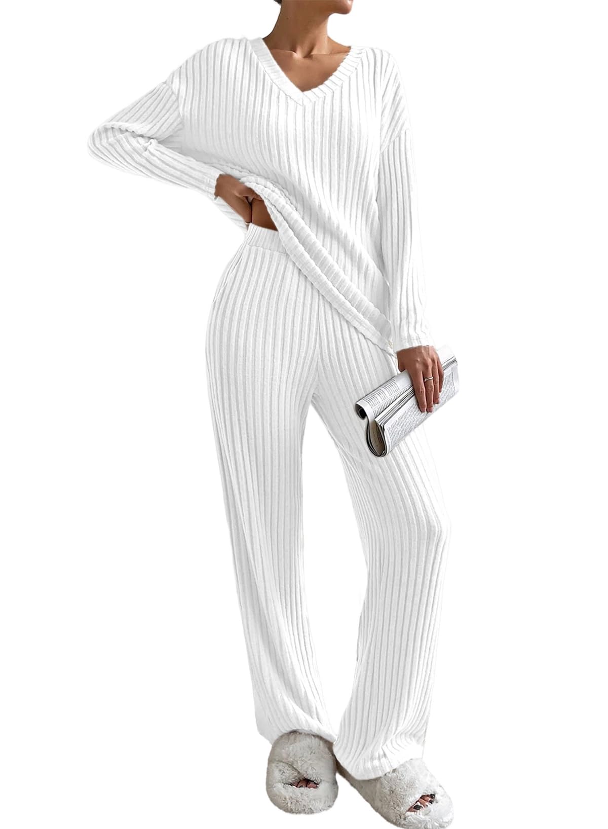 SHEWIN Women's Pajama Sets Long Sleeve Short Sleeve 2 Piece Lounge Sets Ribbed Knit Sweater Sleepwear