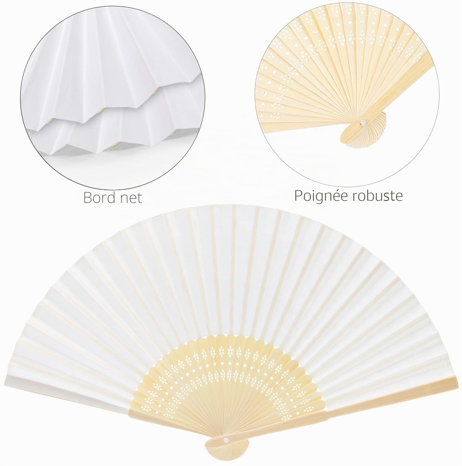 FEPITO 82 Pièces Éventail Pliant en Papier Blanc avec Bambou pour Cadeau de Mariage, Fête, Maison, Bricolage