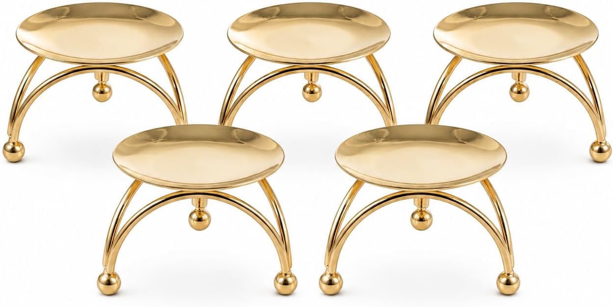 Cabilock 5Pcs Gold Candle Holders, 3In Metal Retro Candlestick Holders Set, Nordic Geometric Taper Pillar Candle Stand for Tabletop Centerpiece Decor, Wedding, Party, Mantle & Holiday Events