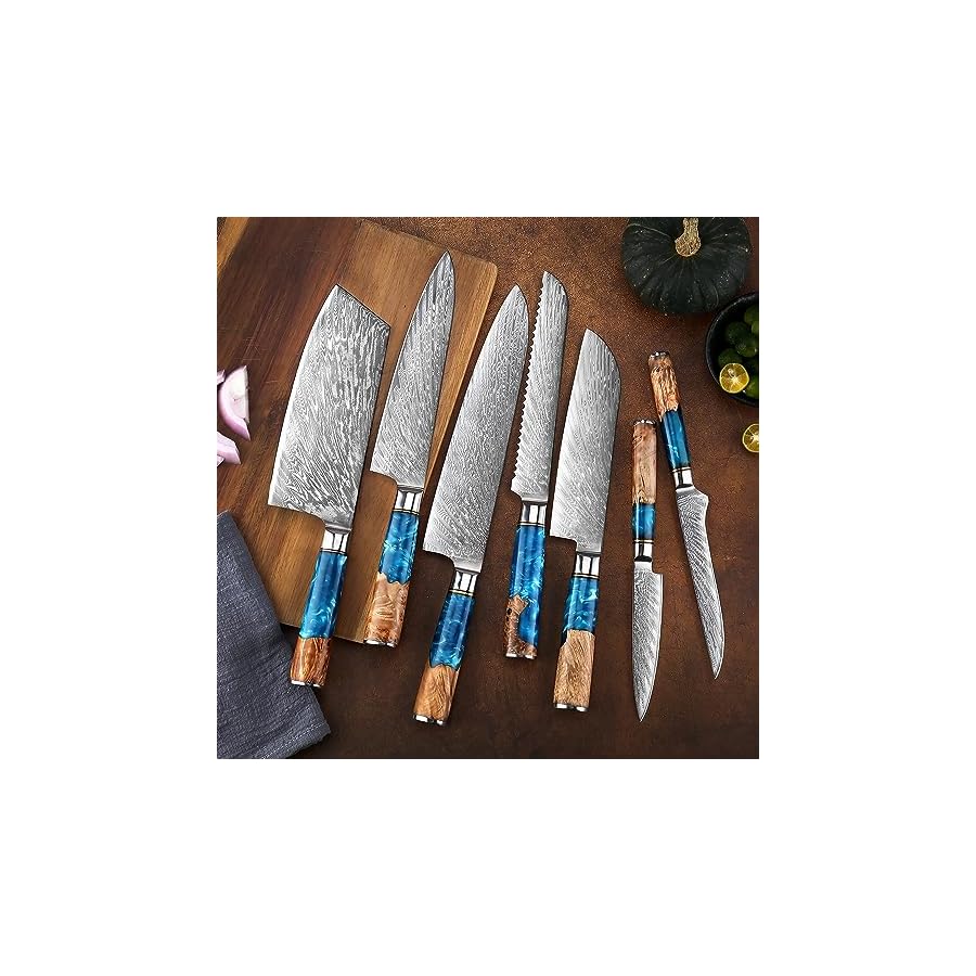 SENKEN-15-Piece-Damascus-Knife-Block-Set-Tsunami-Collection-Japanese-Chef-Knife-Set-67-Layer-Japanese-VG10-Steel-Blades-Includes-Chef-Knife-Cleaver-Bread-Knife-6-Matching-Steak-Knives-More SENKEN 15-Piece Damascus Knife Block Set - "Tsunami" Collection Japanese Chef Knife Set - 67-Layer Japanese VG10 Steel Blades, Includes Chef Knife, Cleaver, Bread Knife, 6 Matching Steak Knives & More