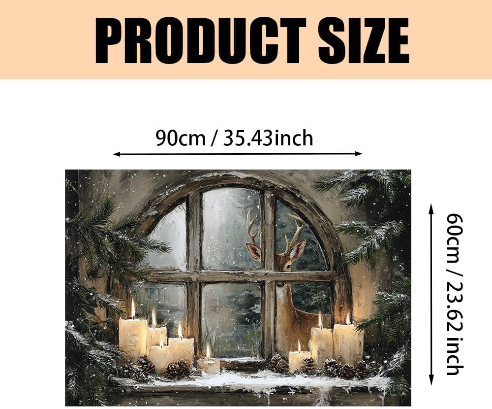 35.5x23.6 Inch Winter Window Scene Wall Decals PVC Candle Pine Cones Deer Artwork Peel and Stick Decorative Film for Home Cooking Area Backsplash Stovetop Space Holiday Seasonal Style - Image 3