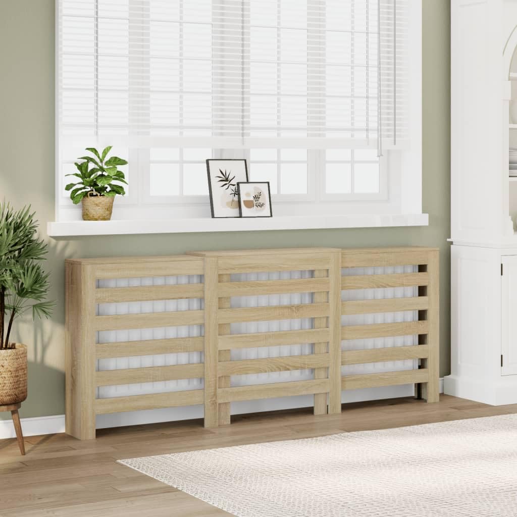 Revestimiento para radiador de roble Sonoma, 205 x 21,5 x 83,5 cm, con estante, moderno diseño de láminas, material de madera duradera para salón, baño o sótano, fácil montaje, soporte de