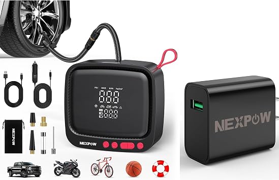 NEXPOW Tire Inflator Portable Air Compressor, 180 PSI Air Pump for Car Tires with Dual Digital Pressure Gauge & Auto Shut-Off, Portable Tire Pump for Car, Motorcycle, Bicycle, Ball and More