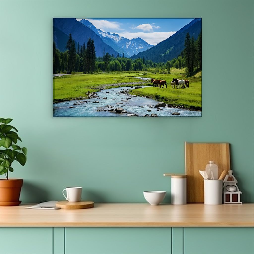 Canvas for Living room. Serenity Flows in the Meadow Where Horses Graze.CODE_HERE, 27 x 18 inch Canvas Wall Art - Expansive Panoramas - Nature Home Decor