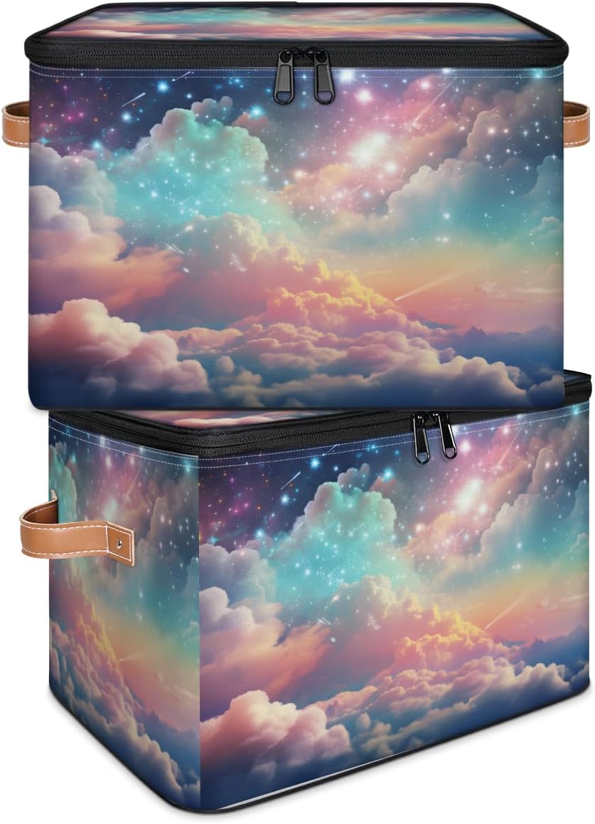 Storage Bin Set of 2 Rainbow Nebula Storage Basket with Zipper Lid & Handle Foldable Closet Shelf 2 Pack Cloth Organizer Basket Cube Bins Clothes Organizer for Nursery, Bedroom