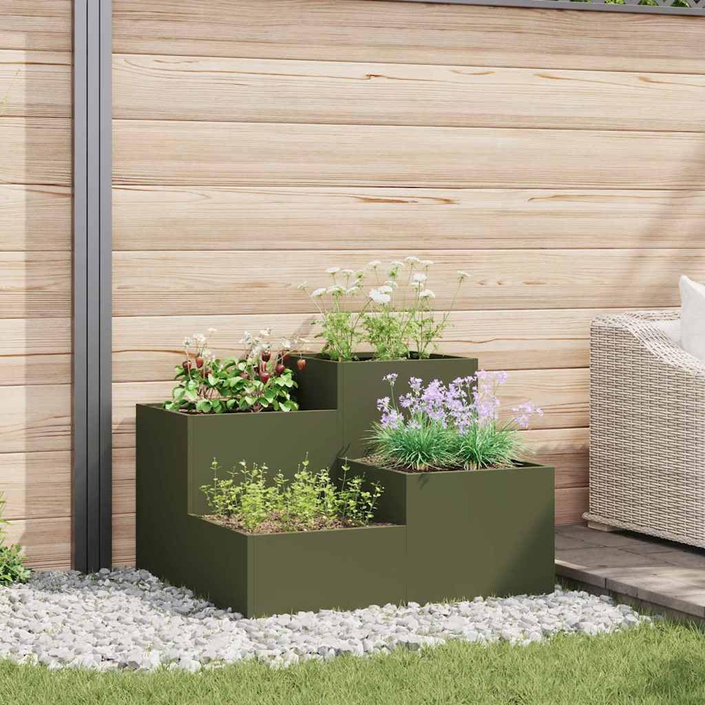 Doniczka ogrodowa oliwkowy 80 x 80 x 60 cm Stal nowoczesna metalowa prostokątna donica zewnętrzna odporna na UV na taras balkon łatwy montaż