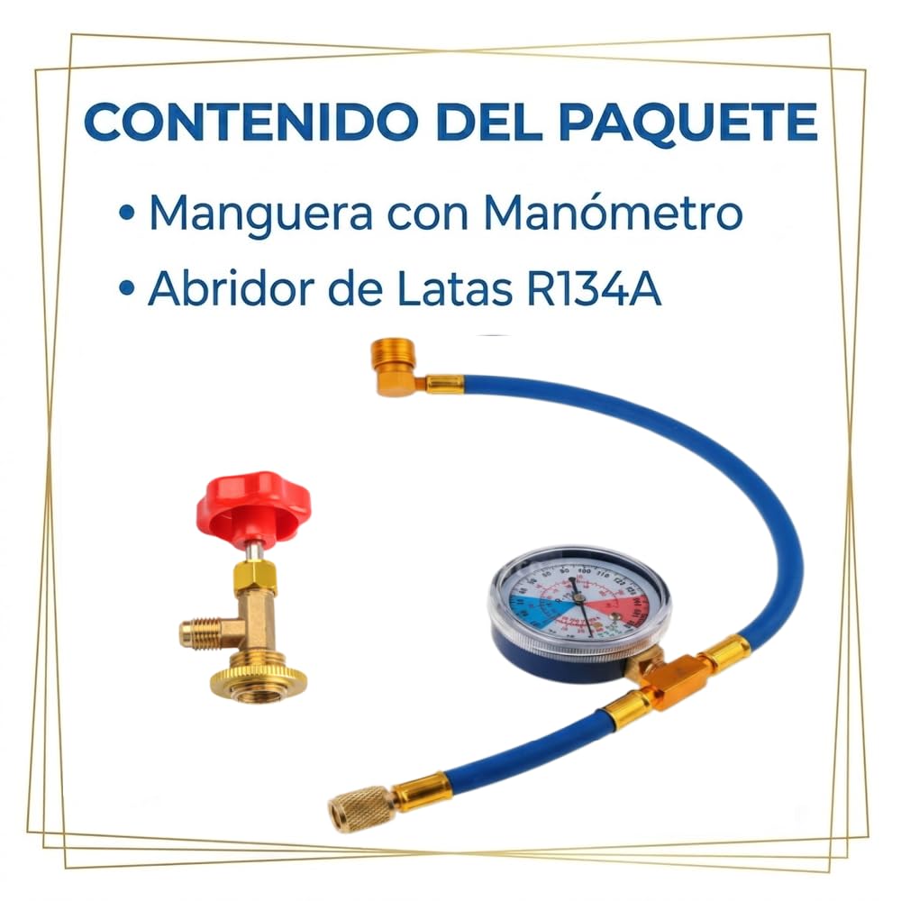Kit de Manguera para Carga y Recarga de Gas Aire Acondicionado Coche, para Gas Refrigerante R134a, con Manómetros de Aire Acondicionado y Abrelatas