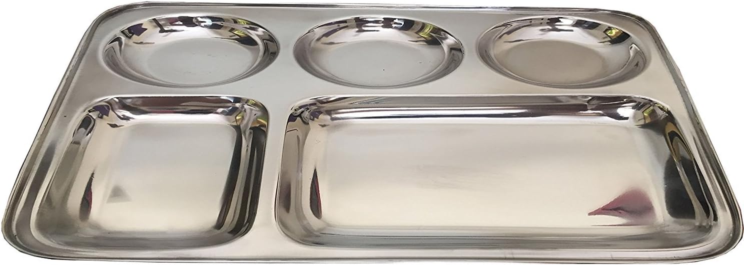 Stainless Steel Five Compartment Plate,Thali,Mess Tray,Dinner Plate,Steel Thali,Steel Plate,Indian Dinner Thali,Snack Tray