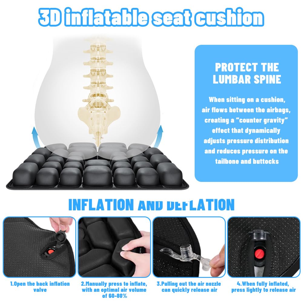 Cojín inflable antiescaras, cojín ergonómico con células de aire 3D para alivio del coxis, cómodo y transpirable para silla de oficina, asiento de coche, silla de ruedas (45 x 40 cm)