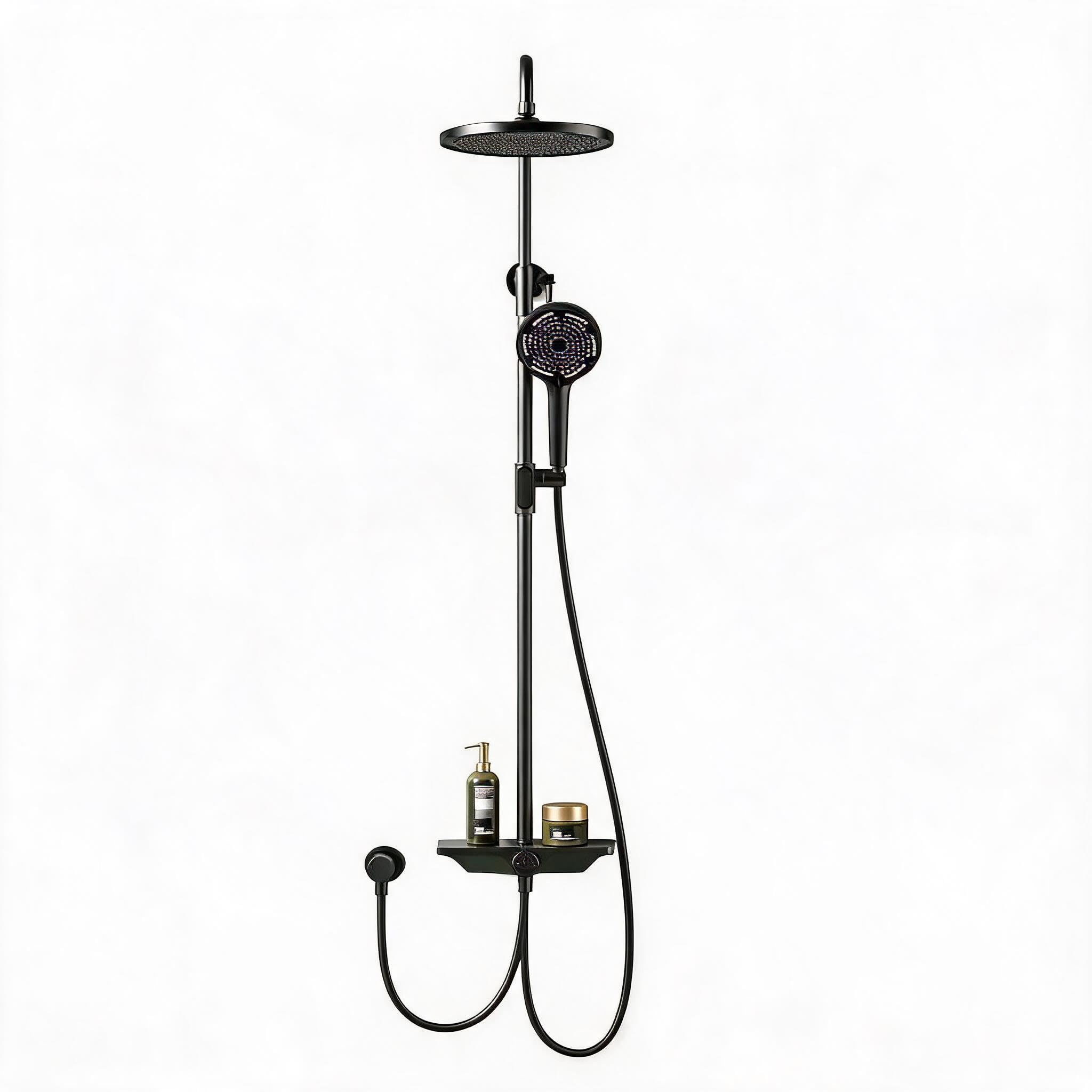IDEALHOUSE Moderno sistema de ducha completo – XXL 250 mm ducha de lluvia redonda – 3 + 1 ducha multifunción – Acero inoxidable/cobre – Barra extensible – Estante grande de 27 cm – Fácil instalación