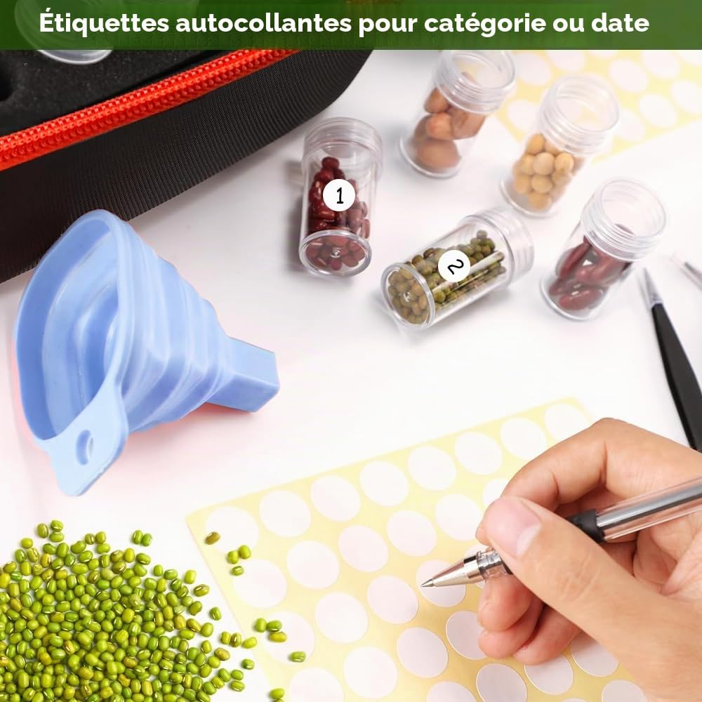 120 Fentes Boite à Graines Boîte de Rangement pour Graines Organisateur de Semences avec des Sachets, des étiquettes, Un Entonnoir et Une Pince à épiler pour Graines de Légumes et de Fleurs