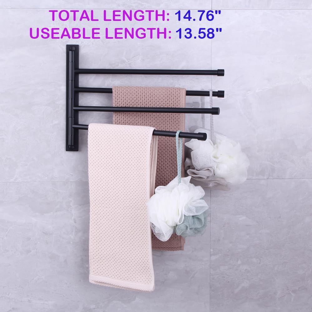 Swivel Hand Towel Bar Bathroom Swing Hanger Towel Rack Holder Matte Black Finish, Wall Mounted, 4-Arm