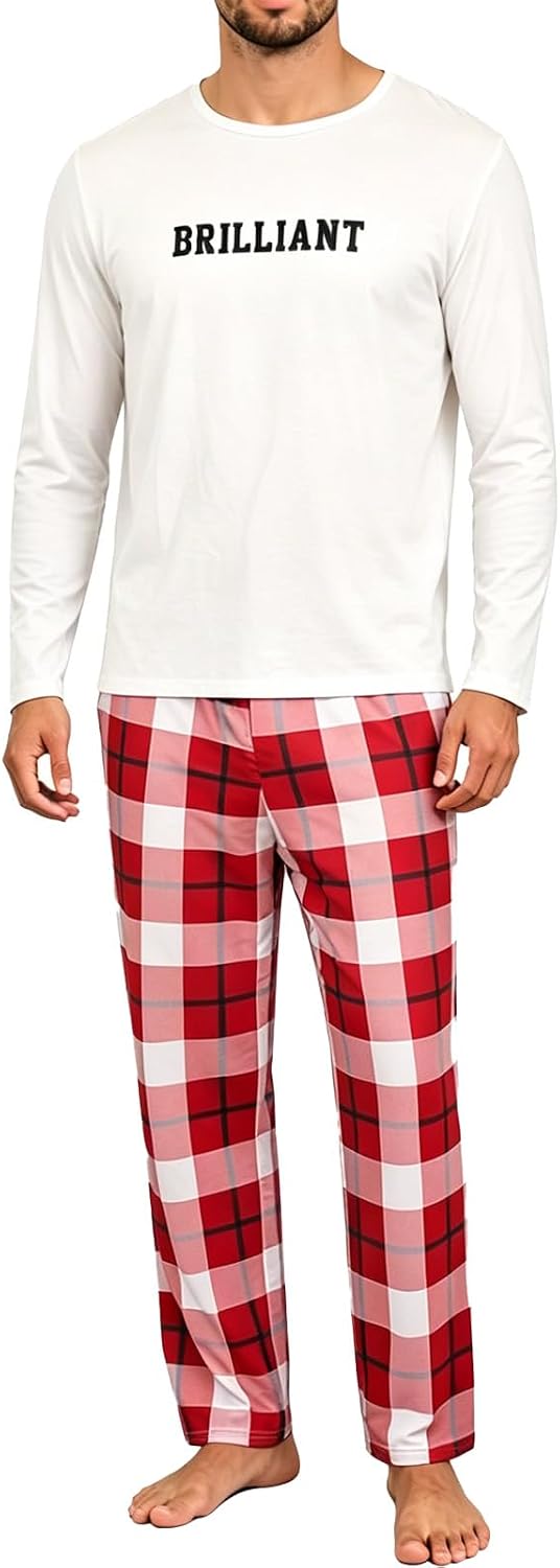 Men's Long Sleeve Pajama Set - Plaid Pants Soft Sleepwear
