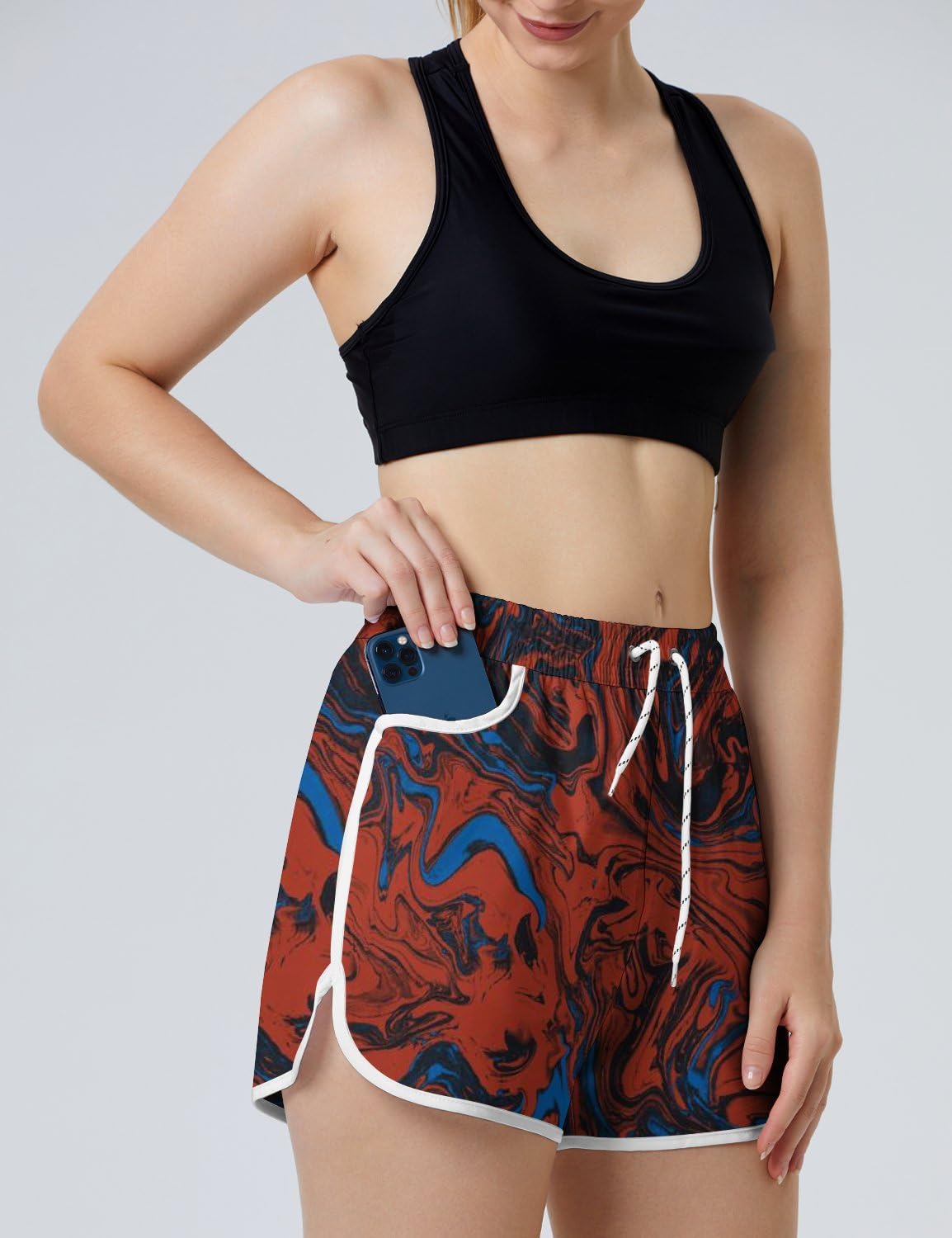 AYUNIX Women's Running Shorts with Pockets Quick Dry Performance Shorts for Women Red Tie Dye Athletic Workout Gym Shorts