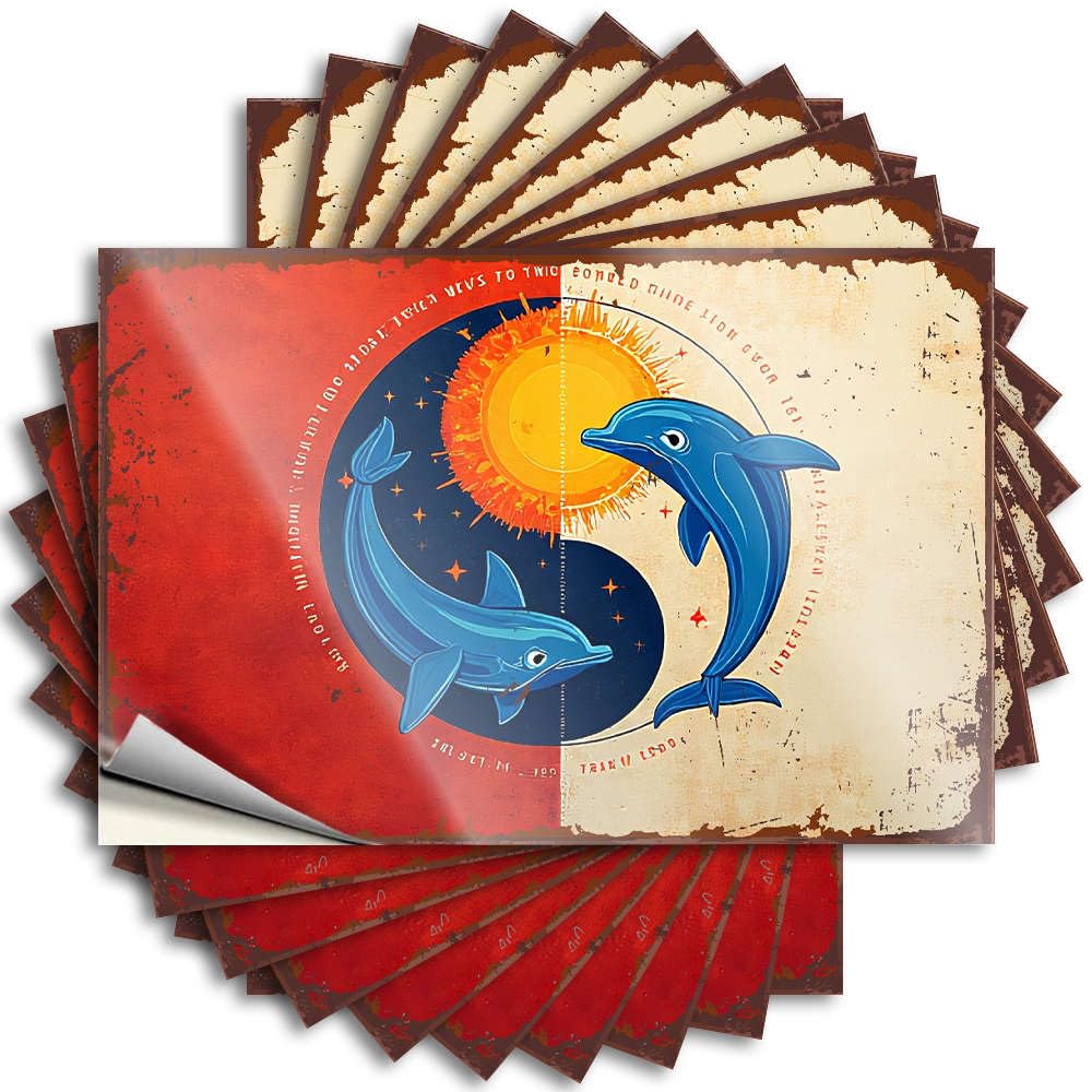 Quote Tiki Bar Decorations Vinyl Sticker | Two Dolphins Facing Each Other with A Sun in The Background. Encouragement for Long Use(12X18CM)