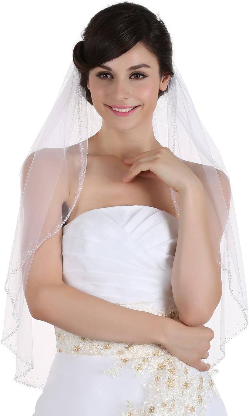 SAMKY 1T 1 Tier Hand Sewn Pearl Beaded Edge Bridal Veil